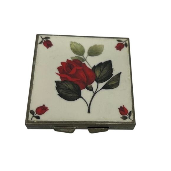Vintage Square Double Mirror Compact w/Painted Porcelain Roses on Cover - Picture 1 of 5
